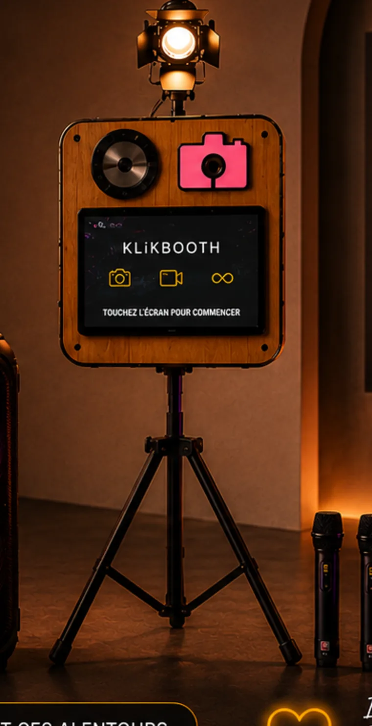 Borne photobooth KlikBooth en bois sur trépied